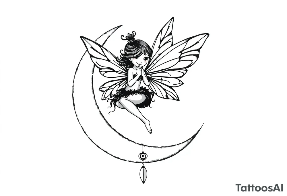 All black tattoo of a Fairy sitting on moon with dangles. tattoo idea