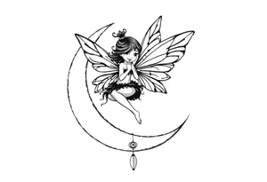 All black tattoo of a Fairy sitting on moon with dangles. tattoo idea