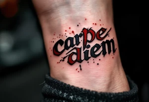 Graffiti-inspired bold red and black lettering "carpe diem", giving the tattoo an urban, rebellious edge. tattoo idea