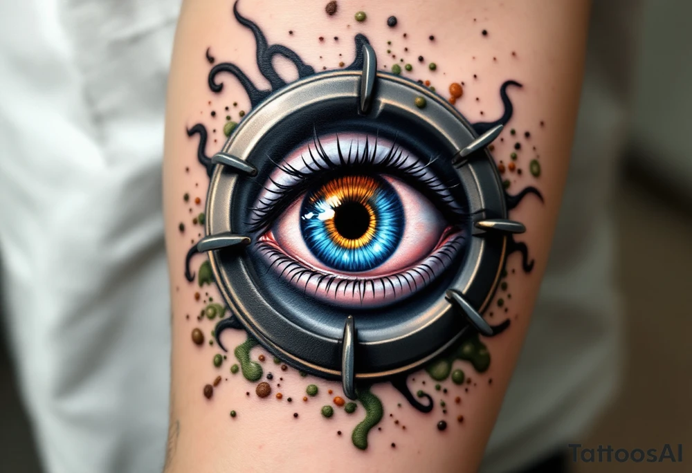 A kitchen knife tattoo features a realistic human eye nestled within the circular burner of a vintage stovetop, with metallic gray coils spiraling outward and the iris glowing a fiery orange-red as if lit from within, framed by subtle steam and tiny food splatters in soft pastel greens and browns for a surreal culinary twist. tattoo idea