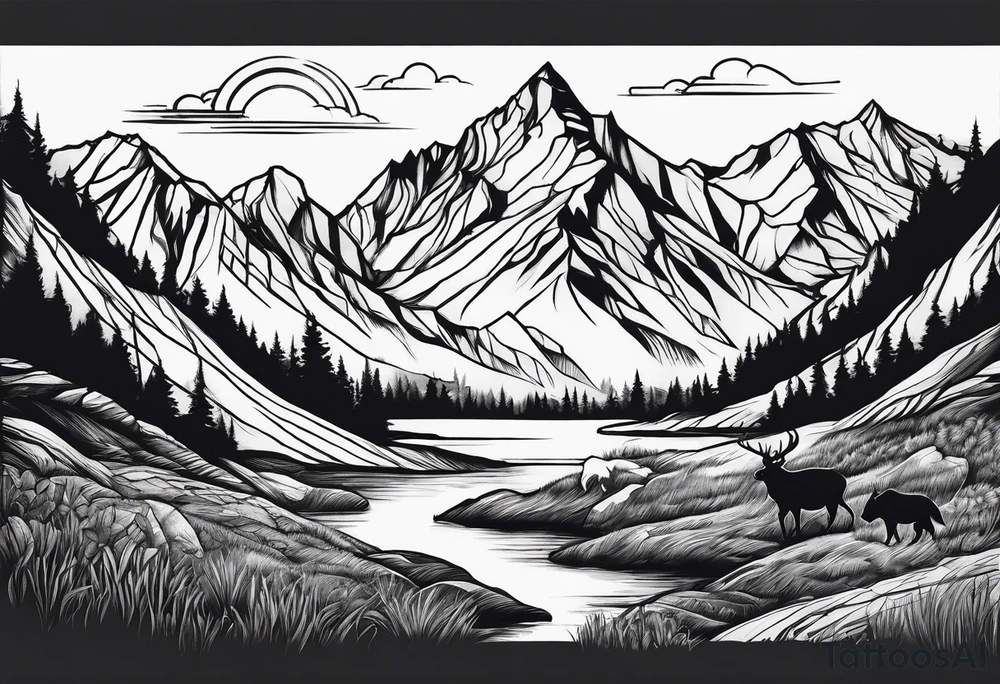 Mountains, animals, concept tattoo idea