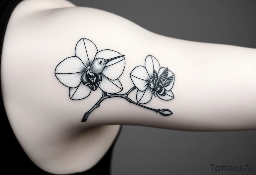 A delicate, black and white fine-line tattoo for male, featuring gracefully detailed 2 orchids in full bloom including their stems, with soft, intricate petals and elegant curves. Beside it, a hummingbird hovers mid-flight, its wings drawn with subtle motion lines, its slender beak reaching toward the orchid’s center to drink its nectar. on the other flower there is a bee that is resting tattoo idea