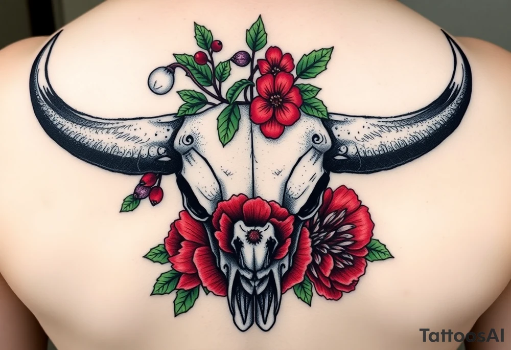 Buffalo or bison skull with flowers. Snow drop and red peony. Green holly with red berries, purple larkspur, red peony.  Colour. For upper arm or shoulder. Masculin. tattoo idea