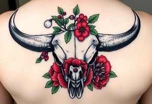 Buffalo or bison skull with flowers. Snow drop and red peony. Green holly with red berries, purple larkspur, red peony.  Colour. For upper arm or shoulder. Masculin. tattoo idea