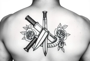 Handgun crossed with knife with snake wrapped around it with roses tattoo idea