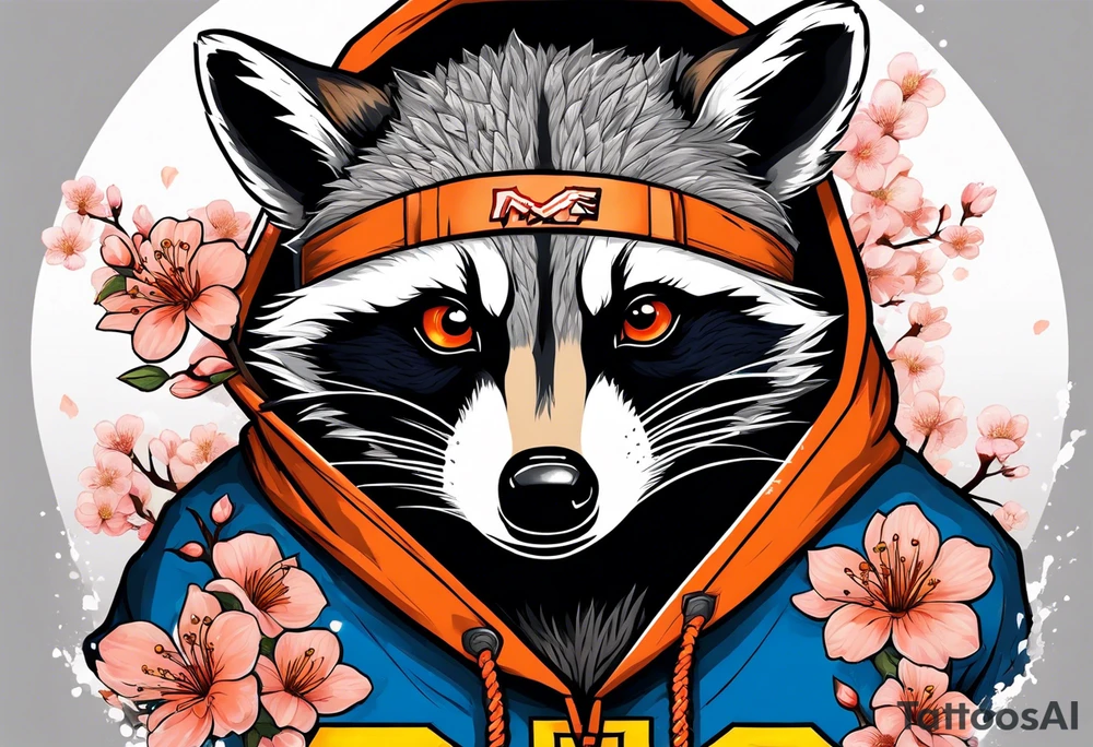 raccoon wearing a Superman hoodie with black and white logo and orange Japanese cherry blossoms tattoo idea