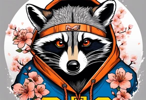 raccoon wearing a Superman hoodie with black and white logo and orange Japanese cherry blossoms tattoo idea