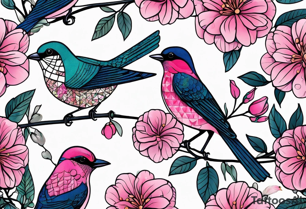 Small Pink flowers with decorative dott pattern and a bird tattoo idea