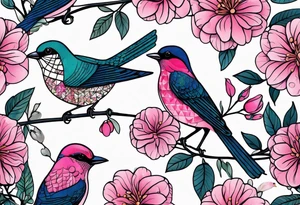 Small Pink flowers with decorative dott pattern and a bird tattoo idea