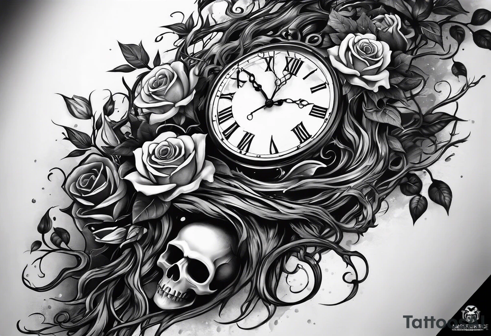 tattoo fool sleeve, tree roots break out of the chains, broken mask, clock with flying numbers, girl and skull, roses tattoo idea