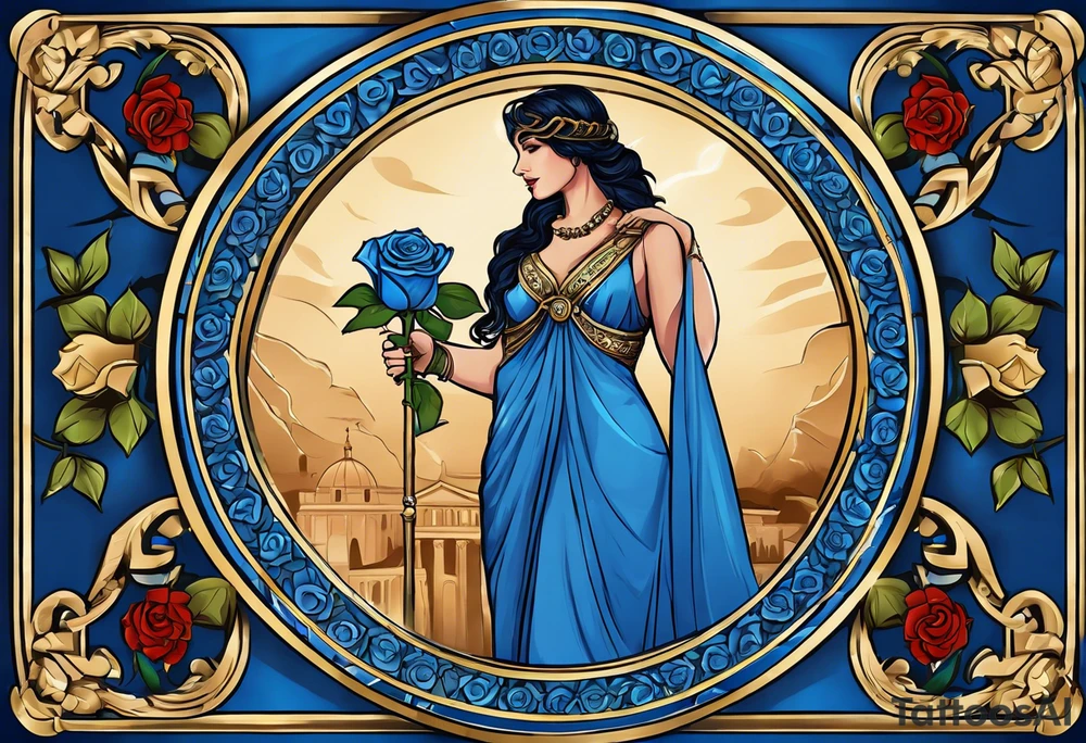 ancient rome clothes ,women,,ancient scale in one hand, blue rose frames, ladies justicia ,keeps  scale tattoo idea