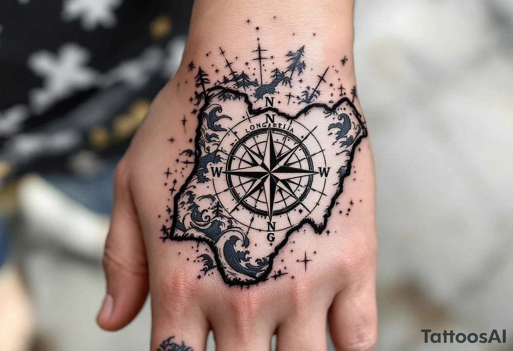 Compass on the back of the palm in the shape of Nigeria with longitude written on the top and latitude written on the bottom. Draw lines and water waves around the tattoo tattoo idea