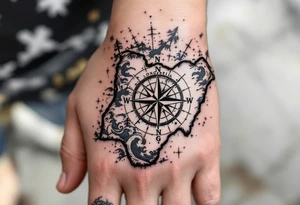 Compass on the back of the palm in the shape of Nigeria with longitude written on the top and latitude written on the bottom. Draw lines and water waves around the tattoo tattoo idea