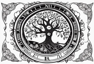 Masculine tree of life with clock in trunk, birthdates and sparrows representing grandparents tattoo idea