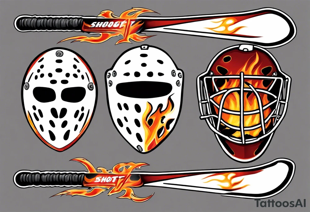 a goalie mask and crossed hockey sticks with flames that says "SHOT HOCKEY" tattoo idea