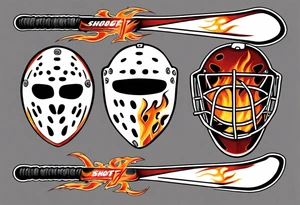 a goalie mask and crossed hockey sticks with flames that says "SHOT HOCKEY" tattoo idea