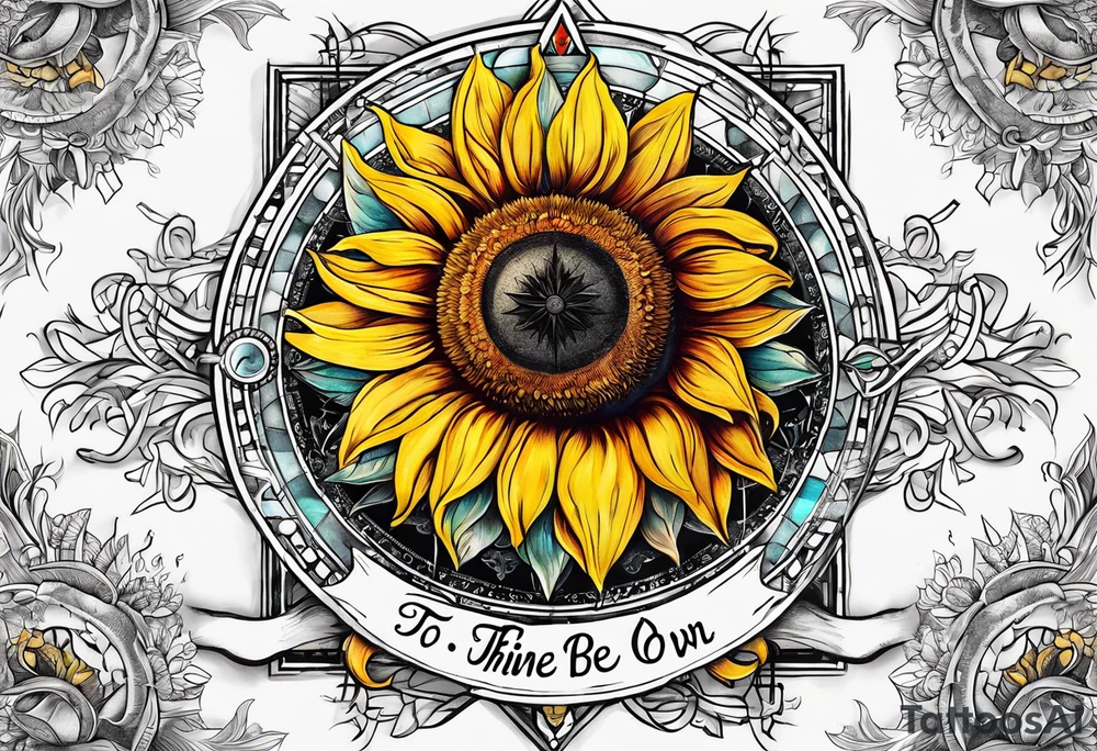 Sunflower and
 compass, with the words "To Thine Own Self Be True" tattoo idea