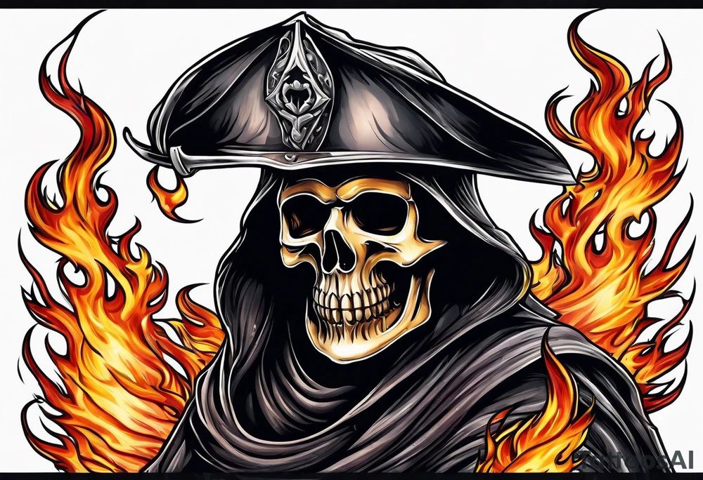 Flames grim reaper firefighter tattoo idea