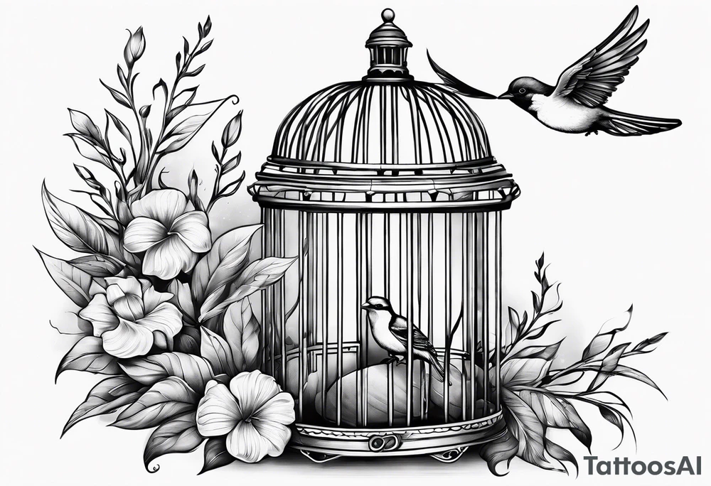 An open birdcage, with a bird flying out, on the Oregon 
beach tattoo idea