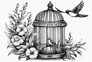 An open birdcage, with a bird flying out, on the Oregon 
beach tattoo idea