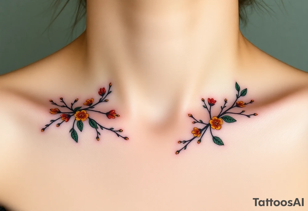 Two separate collarbone tattoos of long, stems and branches covered with red, orange, yellow and dark forest green leaves and flowers, academia, witchy, muted, delicate and gentle but moody, long and thin, following the collarbone. More muted, not so bright, darker colors. Fewer amount of leaves, larger leaves. Less flowers and leaves. tattoo idea