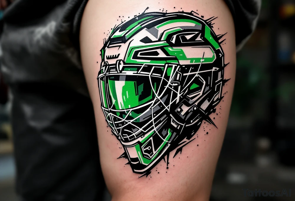 hockey helmet in bold green and black, outlined with motion blur lines in white. tattoo idea