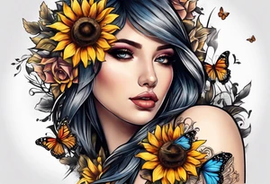 Arm sleeve with Winged cross with sunflower and butterflies tattoo idea