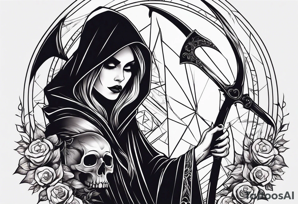 Lady grim reaper with
 scythe and skulls tattoo idea