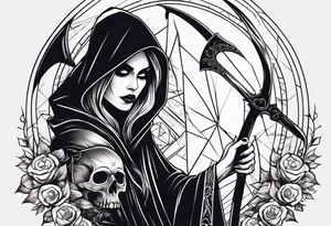 Lady grim reaper with
 scythe and skulls tattoo idea