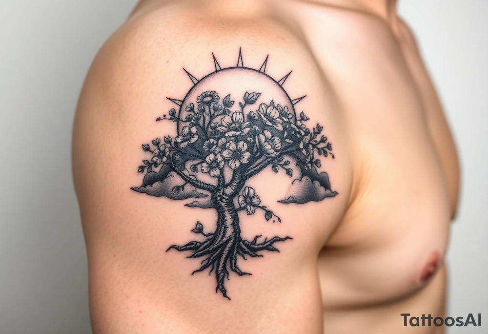 faded sun surrounding by clouds, big tree  blooming with flowers tattoo idea