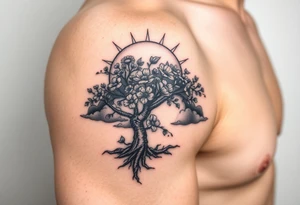 faded sun surrounding by clouds, big tree  blooming with flowers tattoo idea