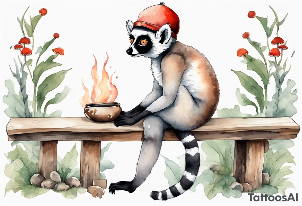 a lemur with a mushroom hat 
wearing a medieval tunic sitting on a bench by a fireplace drinking from a wood cup, happy tattoo idea