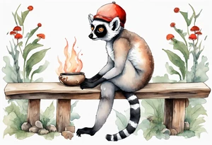 a lemur with a mushroom hat 
wearing a medieval tunic sitting on a bench by a fireplace drinking from a wood cup, happy tattoo idea