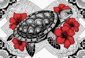 Black Polynesian turtle with red hibiscus flower in the middle of turtles shell tattoo idea