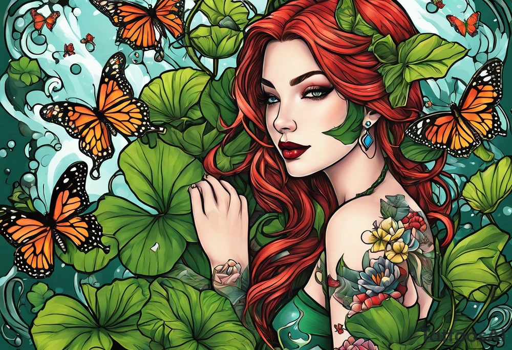 poison ivy wrapped around a hand holding water lilies surrounded with butterflies around with “Zane”, “Nate”, “Jaiden” tattoo idea