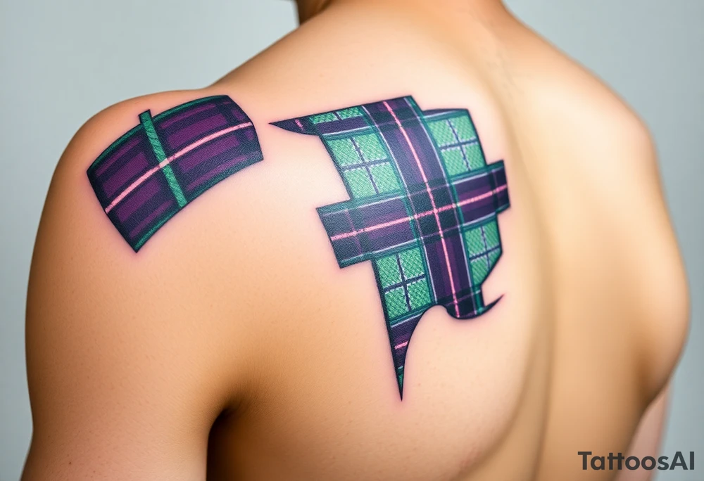 Side of arm Dark Purple with green pink blue and white highlights tartan fabric with skin peeling away at edges tattoo idea