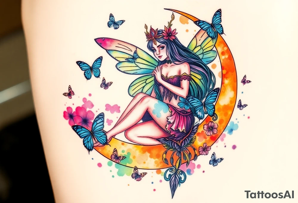 The fairy queen titania sitting on the crescent moon with butterflies tattoo idea