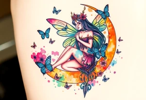 The fairy queen titania sitting on the crescent moon with butterflies tattoo idea