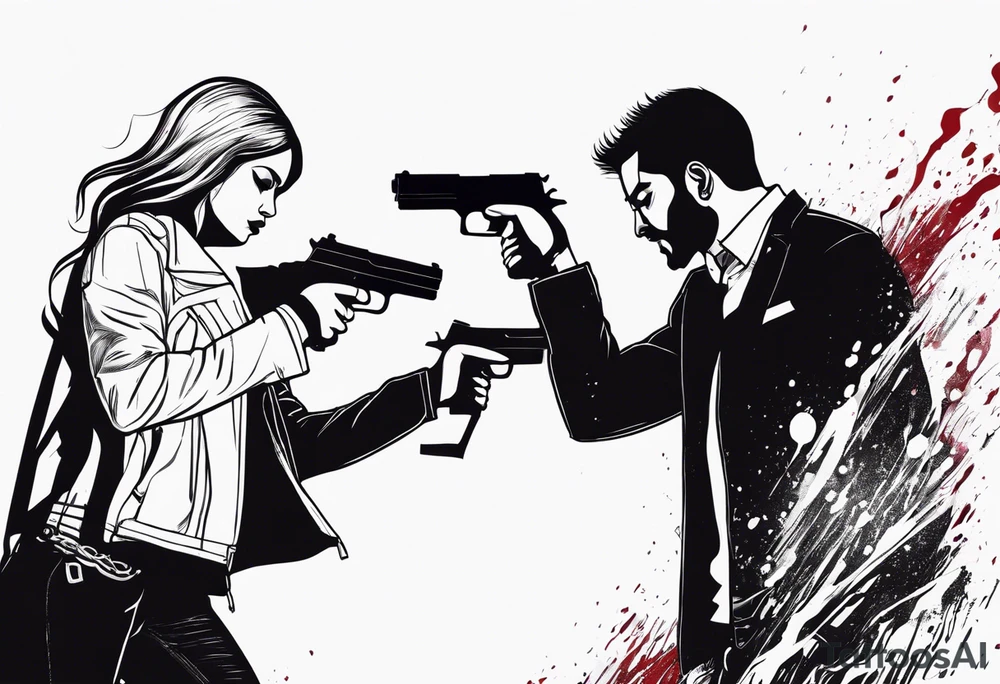 In the reflection of a eye crying blood two black siloets of people holding guns one man dead on the ground with a wounded woman standing behind him tattoo idea