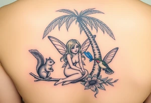 A blonde fairy sitting under a palm tree with a squirrel, 
a blue butterfly, and a  hummingbird drinking from a flower. tattoo idea