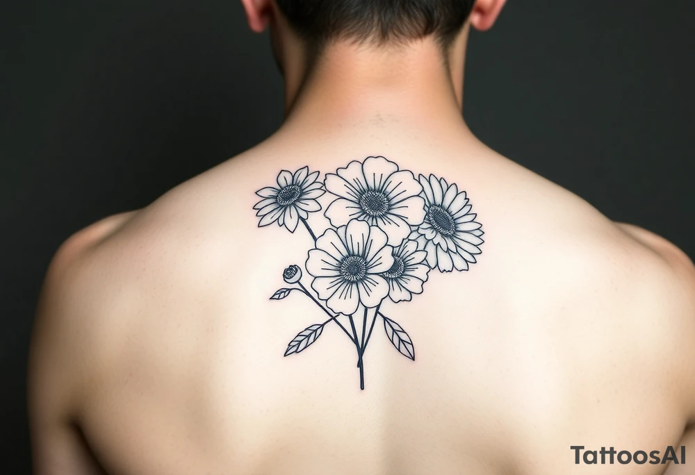 Simple minimalist cartoon 
line tattoo of flower bouquet in order of these flowers, daisy, cosmo, poppy, chrysanthemum, cosmo tattoo idea