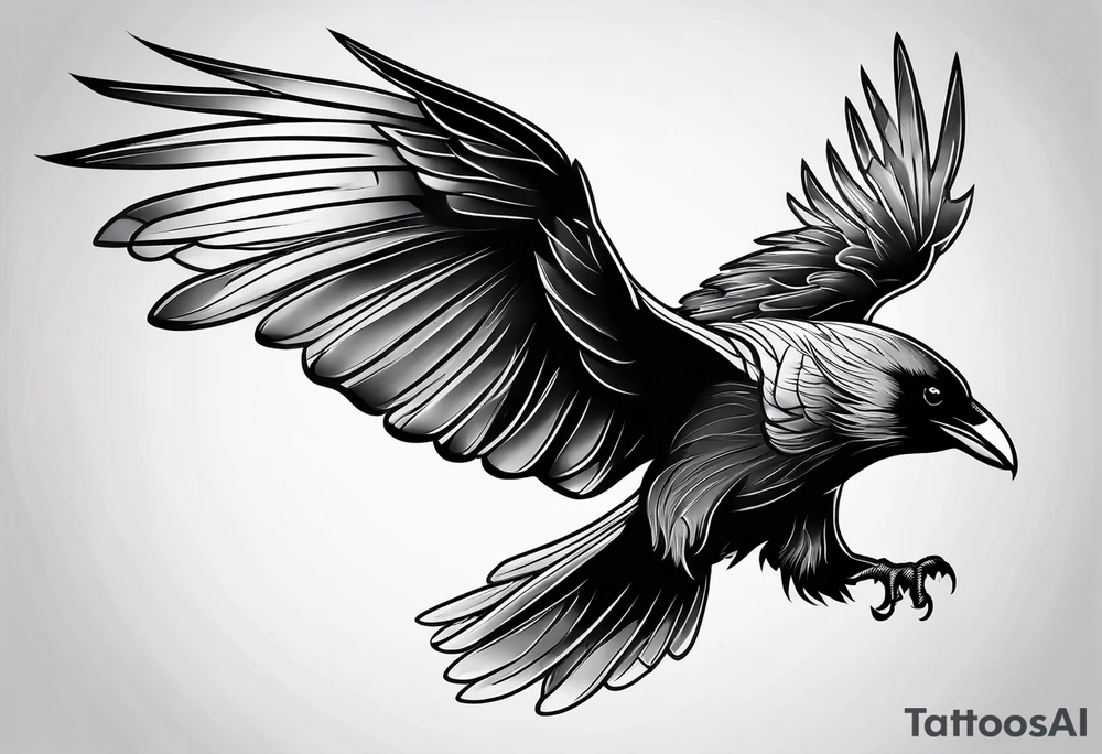 outline drawing of a flying raven with wings on fire tattoo idea