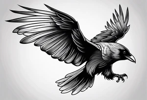 outline drawing of a flying raven with wings on fire tattoo idea
