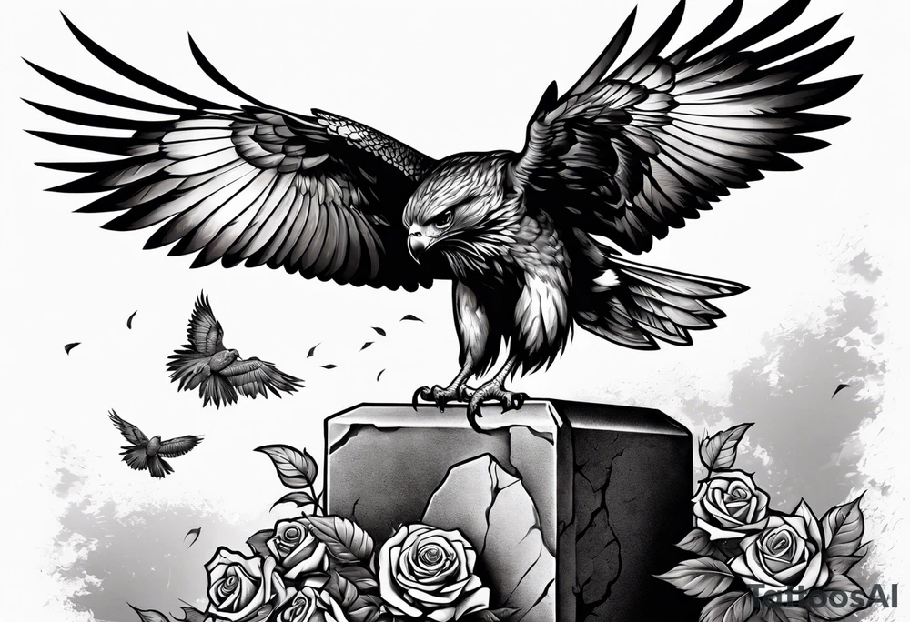 Hawk with rose in mouth flying down on a tombstone tattoo idea