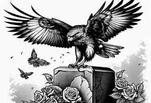 Hawk with rose in mouth flying down on a tombstone tattoo idea
