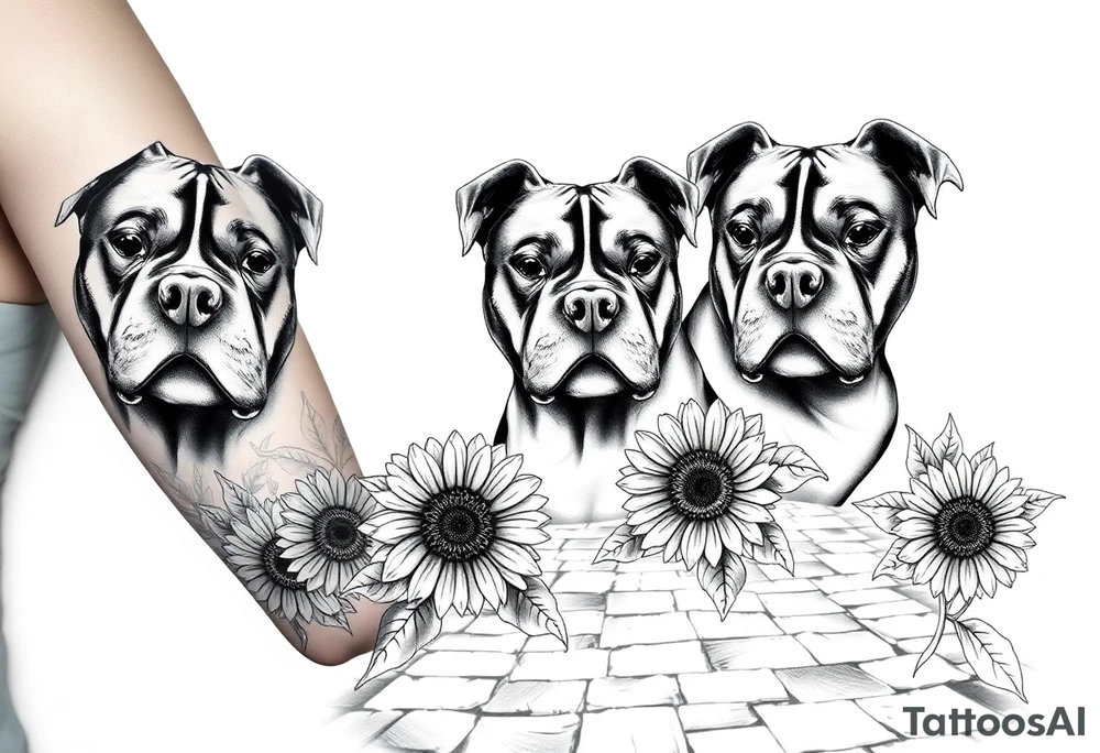Multiple very thick muscled up pitbulls' portraits fading into the background as filler incorporate sunflowers, an old road made from pavers tattoo idea