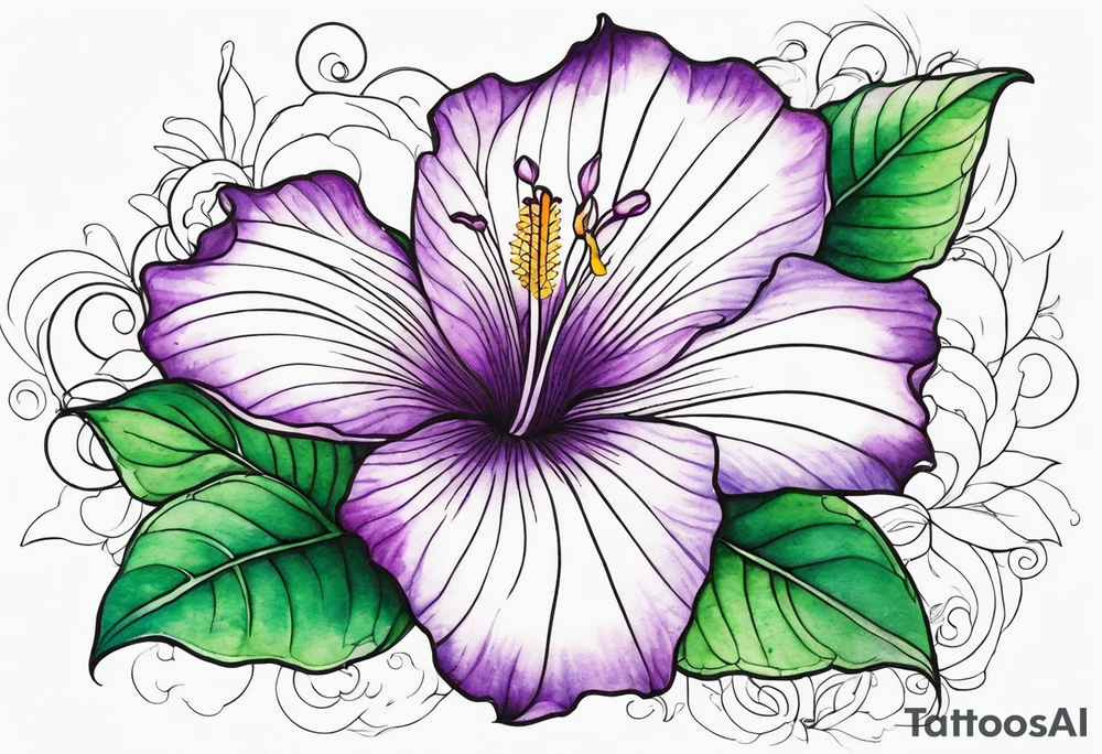 An outline of a rio dipladenia flower with a green and purple watercolor background tattoo idea