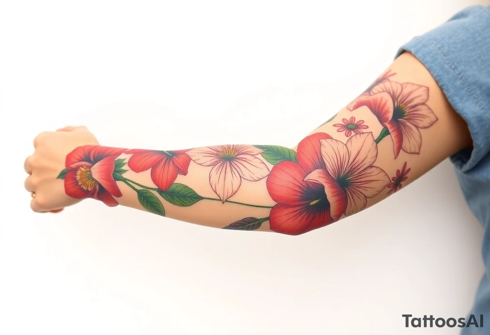 Fore arm tattoo in the neo american traditional style. I want to incorporate a few different flowers: Poppies, Morning Glory, Narcissus with green leaves in the background tattoo idea