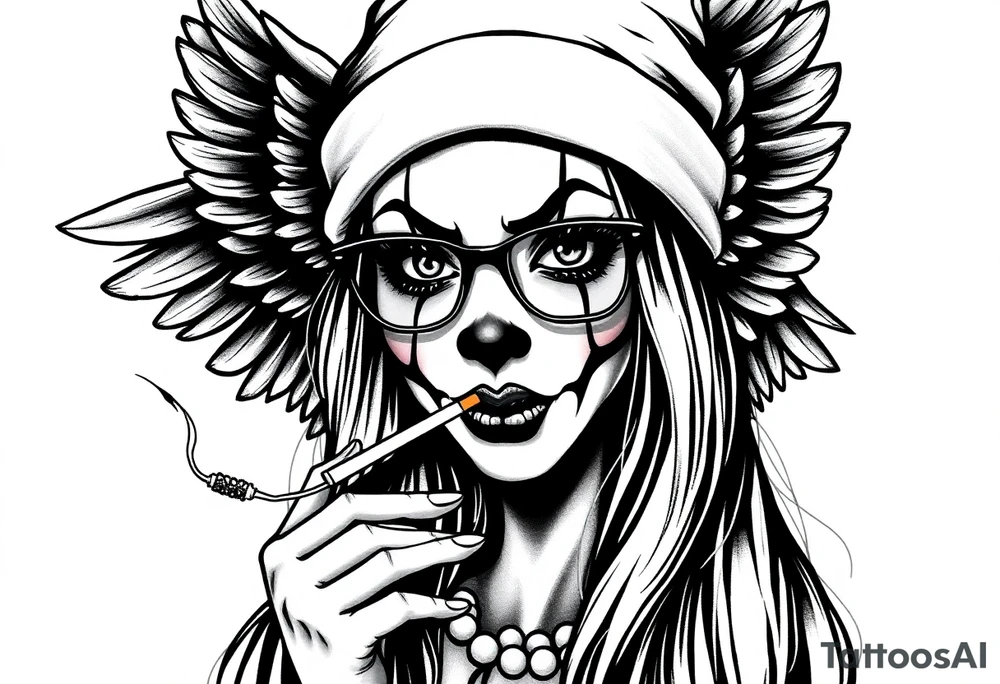 beautiful long hair pin up Clown face Girl payasa  thug beanie eyeglasses  angelic wings smoking a cigarette tattoo idea