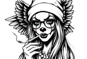 beautiful long hair pin up Clown face Girl payasa  thug beanie eyeglasses  angelic wings smoking a cigarette tattoo idea